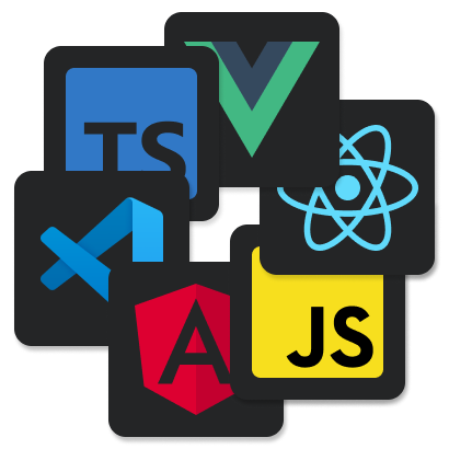 Plusieurs logos combinés ensemble. Les logos affichés sont Angular, Javascript, React, VueJS, Typescript et Visual Studio Code.