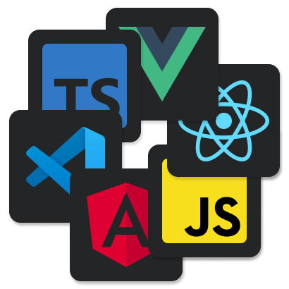 Multiple logos combined together. Logos displayed are Angular, Javascript, React, VueJS, Typescript and Visual Studio Code.